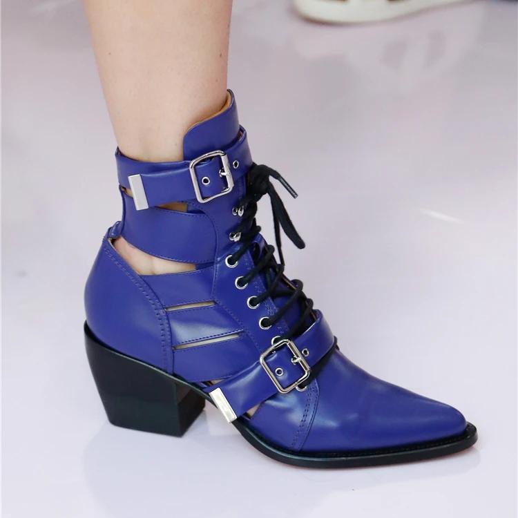 Fashion Brand Fashion Show Genuine Leather Hollow Out Women's Cool Boots Belt Buckle Pointed 6cm High Heels Fashion European American