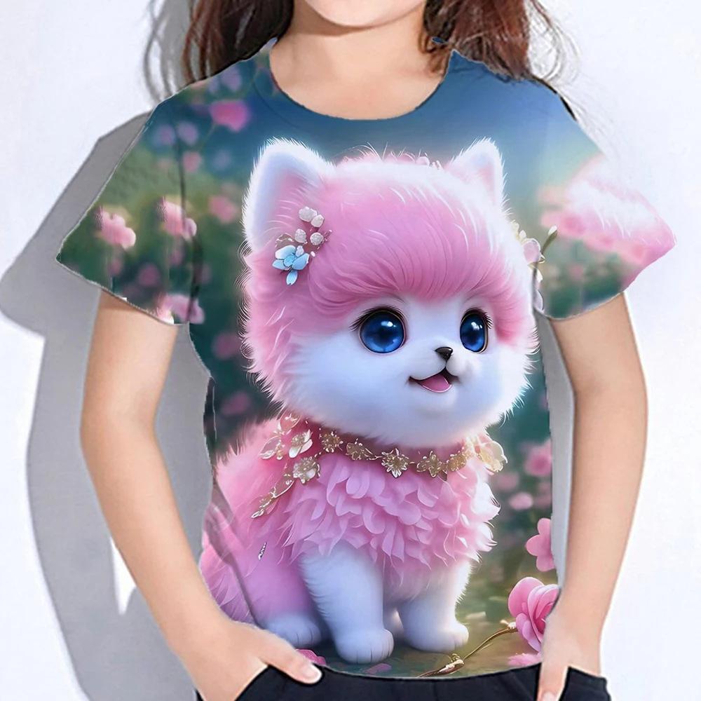 Summer Round Neck 3D Cute Cat Printed Top Fashionable Casual Short Sleeved Children's Girl T-shirts
