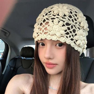 Hollow Knit Basin Caps Handmade Beanies Cap Ins Crochet Flower Hat  Streetwear