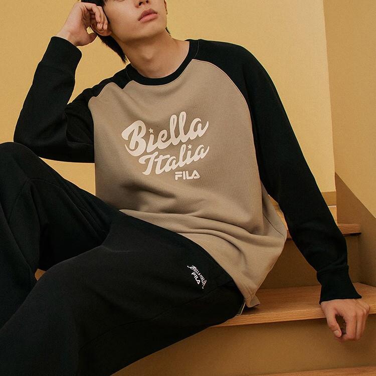 FILA American Vintage Autumn Printed Letter Spliced Round Neck Pullover Sweatshirt Unisex sweatshirt Light-Sand Army-Green F11U339205FKK