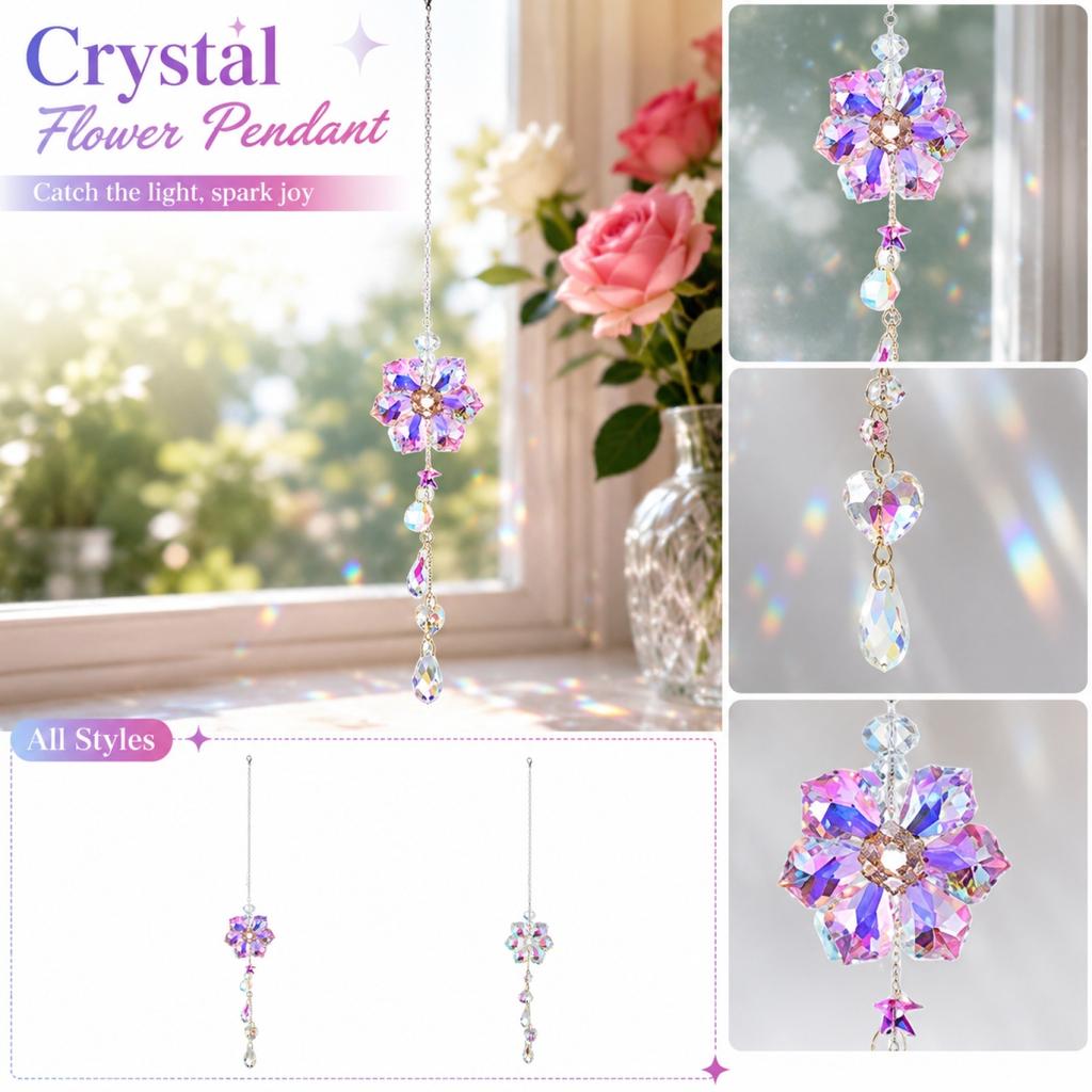 Crystal Glass Flower Sun Catcher Hanging Ornament with Six Petals for Window Home Garden Decor Indoor Outdoor Pendant