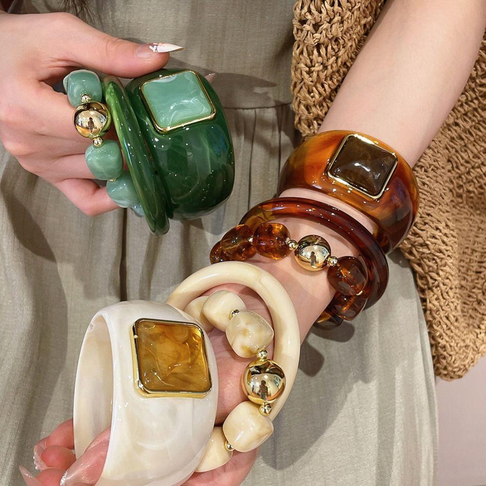 3 Pcs/Set Square Round Resin Bangle Set Resin Acrylic Acrylic Chunky Cuff Boho Accessories