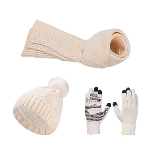 3Pcs/Set Winter Hat Scarf Gloves Set Solid Color Windproof Plush Ball Hat Neck Warmer Touch Screen Gloves Set