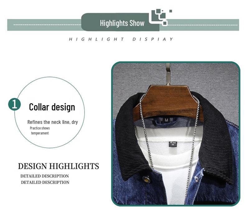 2024 Autumn/Winter Men's Corduroy Patchwork Denim Jacket - Trendy, Loose-Fit American Streetwear Style