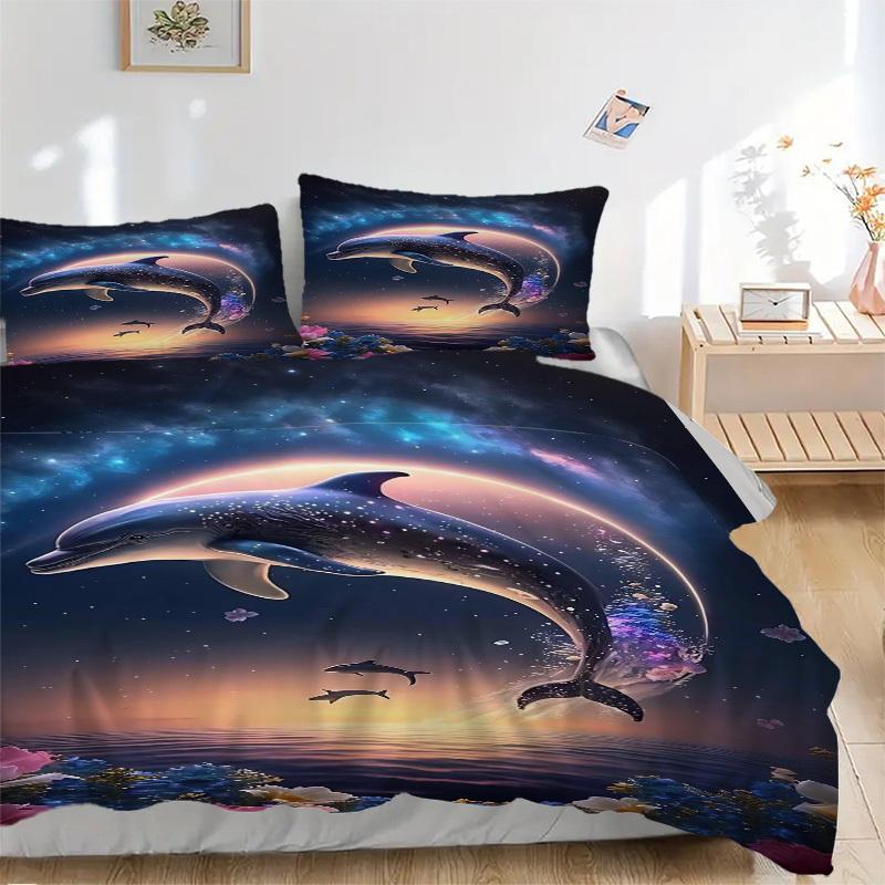 3pcs Anime Dolphin Bedding Set - Includes One Quilt Cover and Two Pillowcases (No Core) - Polyester Fabric, Perfect for Bedroom and Guest Ro