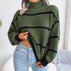 European and American Style Sweater for Beautiful Women In Autumn and Winter, High Necked Loose Striped Long Sleeved Sweater
