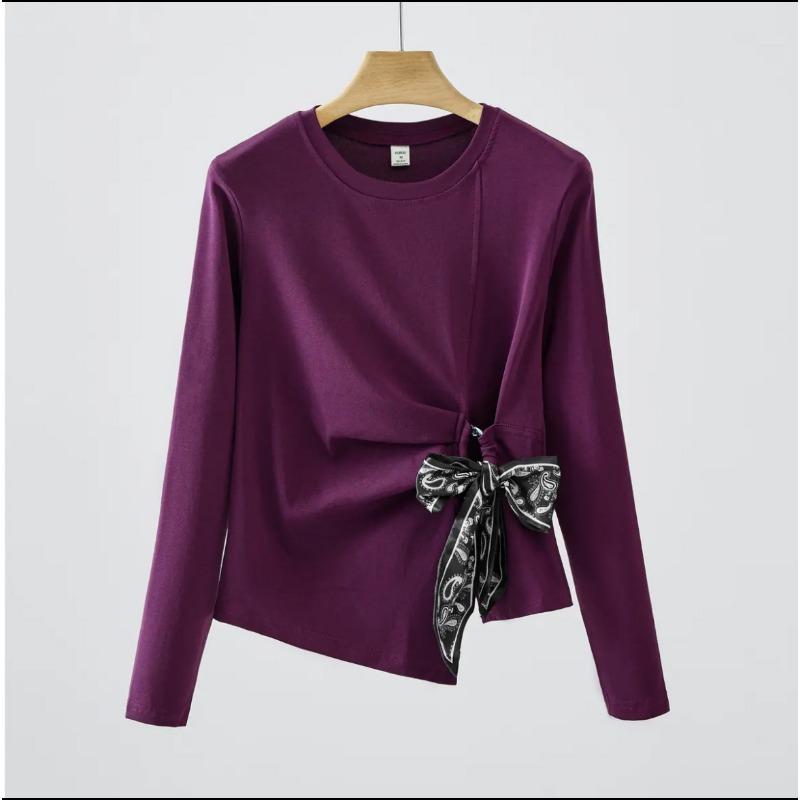 New Spring and Autumn Lace-up Waist Women's Long-sleeved T-shirt Slimming Belly-covering Bottoming Shirt