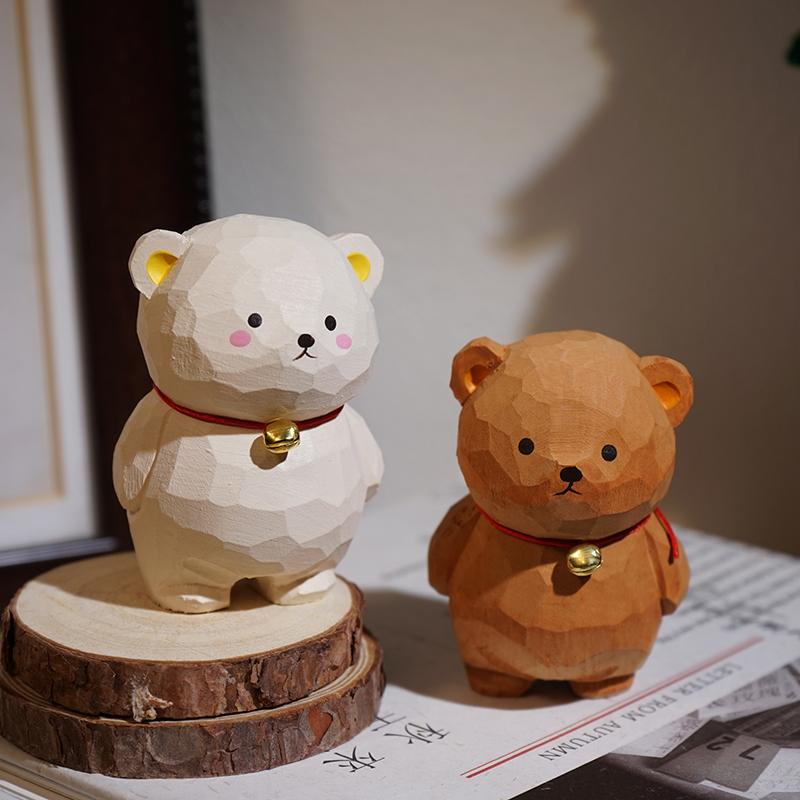 Hand Carved Wooden Bell Bear Miniature Cute Animal Figurine Office Desk Decor