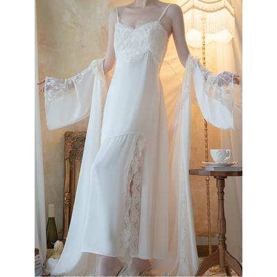 Retro Sexy Suspender Loungewear Terno Renda Robe E Suspender Vestido De Noiva