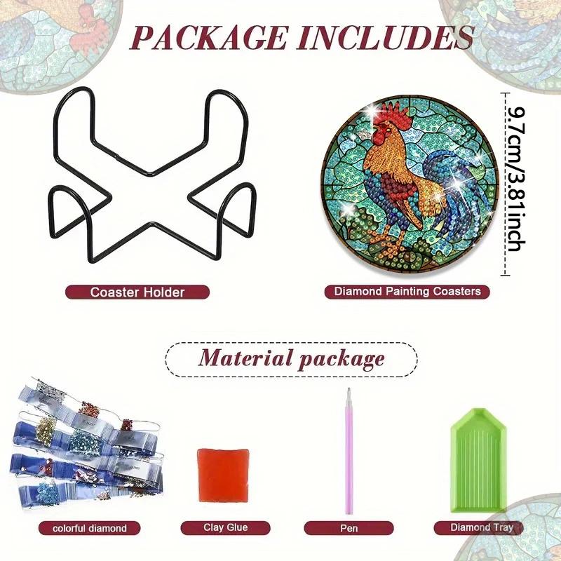 8 Stück/Set Untersetzer mit Diamantmalerei und Hühnermuster, DIY-Untersetzer mit Halter, Geeignet für Anfänger und Erwachsene, Kunst- und Bastelbedarf Geschenke
