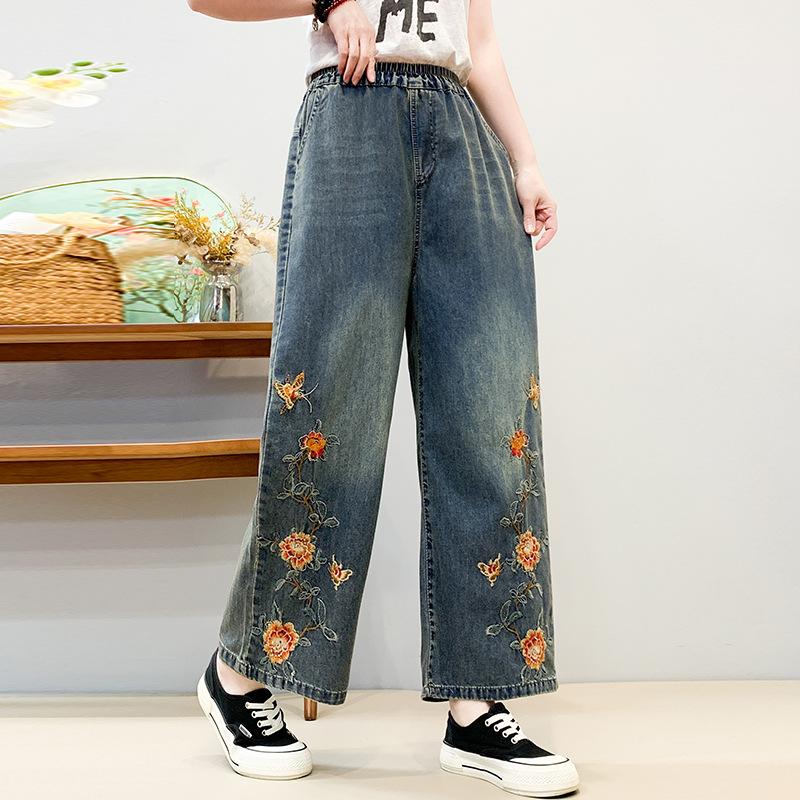 Vintage Washed Embroidered Plus Size Denim Pants Elastic High Waist Loose Straight Leg Pants Female 2025 New Autumn