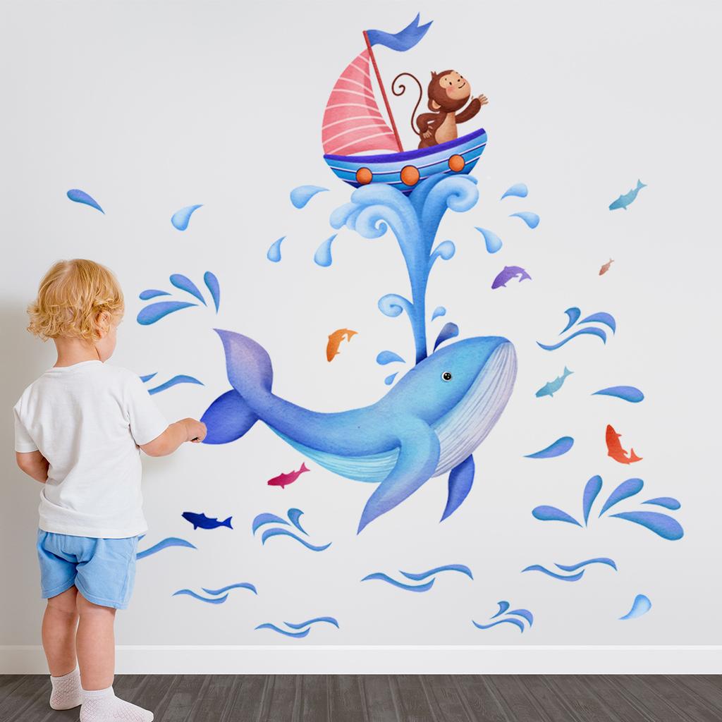 B13503 Unterwasser Wal Affe Segeln Wandaufkleber Wohnzimmer Schlafzimmer Kinderzimmer Hintergrunddekoration Selbstklebender Wandaufkleber