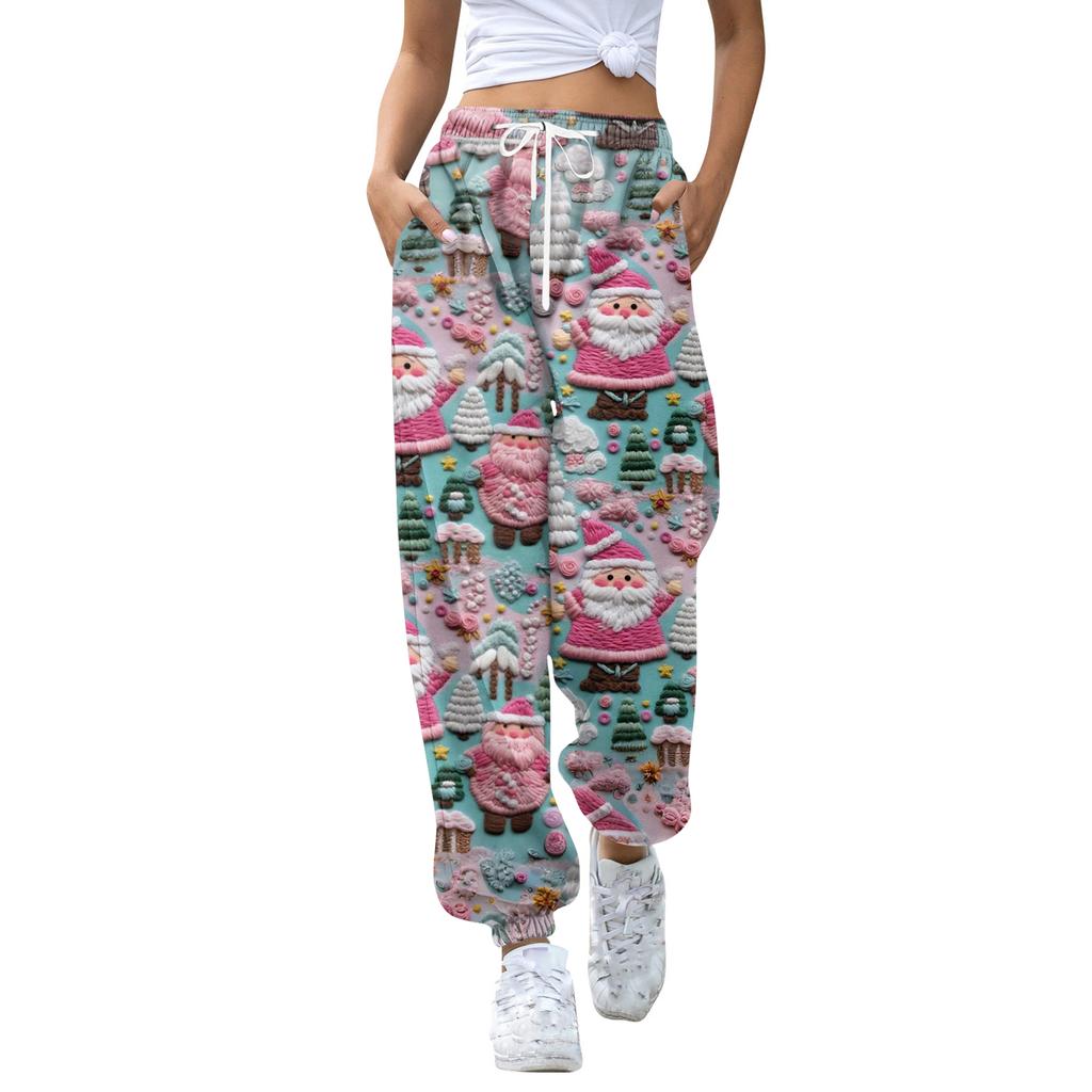 Pantalones deportivos casuales de moda para mujer con estampado navideño, cintura con cordón y puños en los tobillos