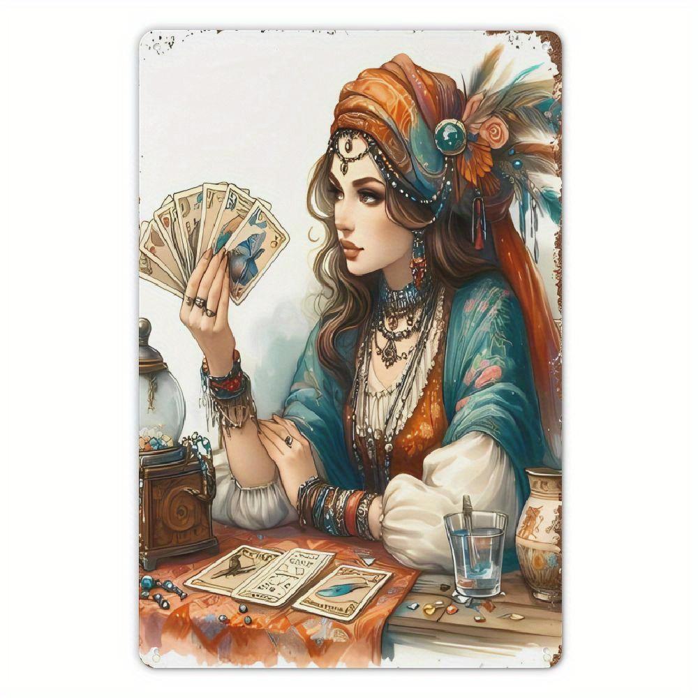Pc Vintage Gypsy Fortune Teller Metal Wall Art Bohemian Decorative Sign with Colorful Jewelry Tarot Cards Design X In 20X30CM