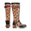 Johnature Handpainted Genuine Leather Women Long Boots Retro Floral Lace Up Belt Buckle Mid-calf Boots