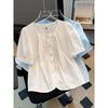 Blusa Bordada para Mujer de Color Azul Claro con Cuello Redondo, Manga Corta y Botones