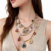 Boho Layered Necklace Women Zinc Alloy Geometric Pendant Colorful Electroplated Chain 51-60cm
