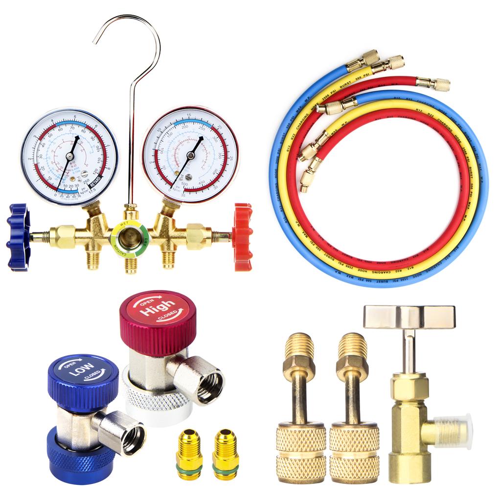 Air Conditioning Pressure Gauge with Hose and Hook 3 Way AC Diagnostic Manifold Gauge Set for Freon For R12 R22 R404A R134a