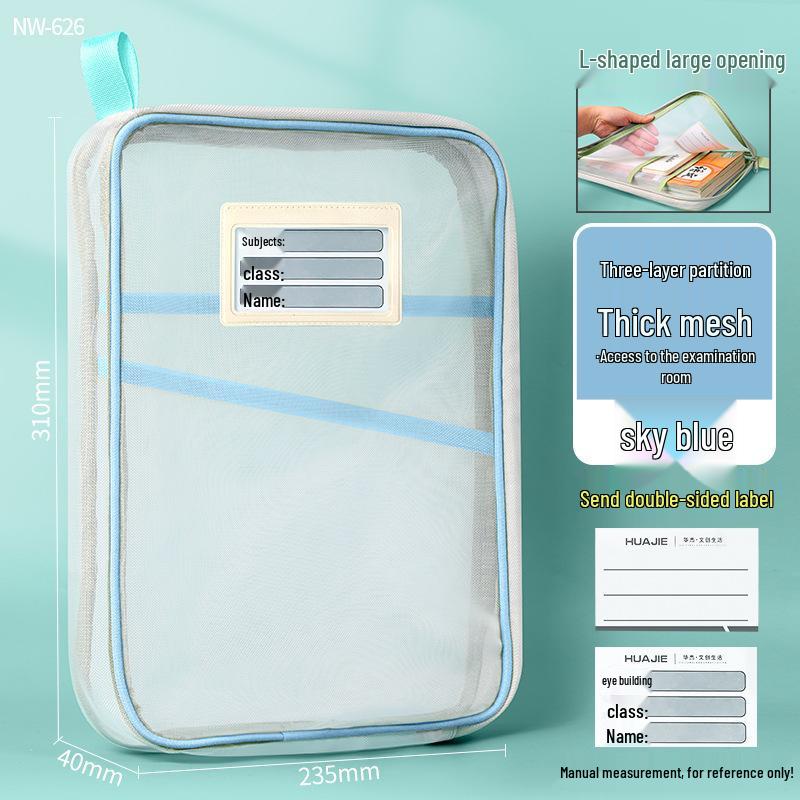 Transparent L-Shaped Document Bag with Zippered Mesh Opening for Handheld Use
