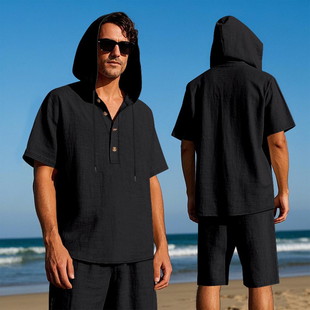 Men'S Loose Hooded Casual Short Sleeved Shirt Beach Shorts Set
