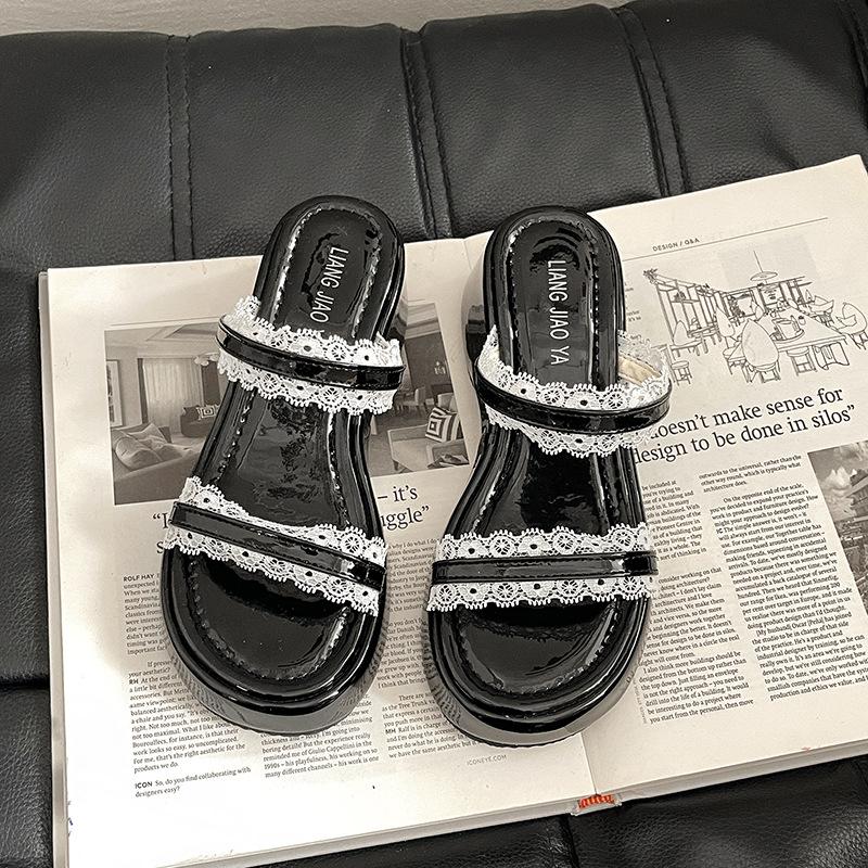 

Slope heel cool slippers 2025 new fashion thick-soled thick heel fish mouth woven word belt European and American high heels slippers 35 чёрный