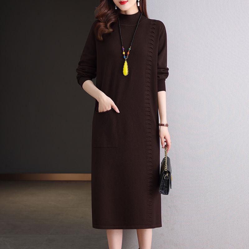 Half Turtleneck Knitted Dress Solid Color Loose Mid-length Sweater for Women Autumn and Winter Casual Long-sleeved Pullover