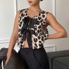 Mode Leopardenmuster Ausgeschnittenes Shirt Damen V-Ausschnitt Ärmellos Schnürung Tank Crop Tops Schick Weiblich Lässig Locker Bluse Streetwear