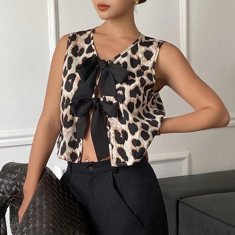Mode Leopardenmuster Ausgeschnittenes Shirt Damen V-Ausschnitt Ärmellos Schnürung Tank Crop Tops Schick Weiblich Lässig Locker Bluse Streetwear