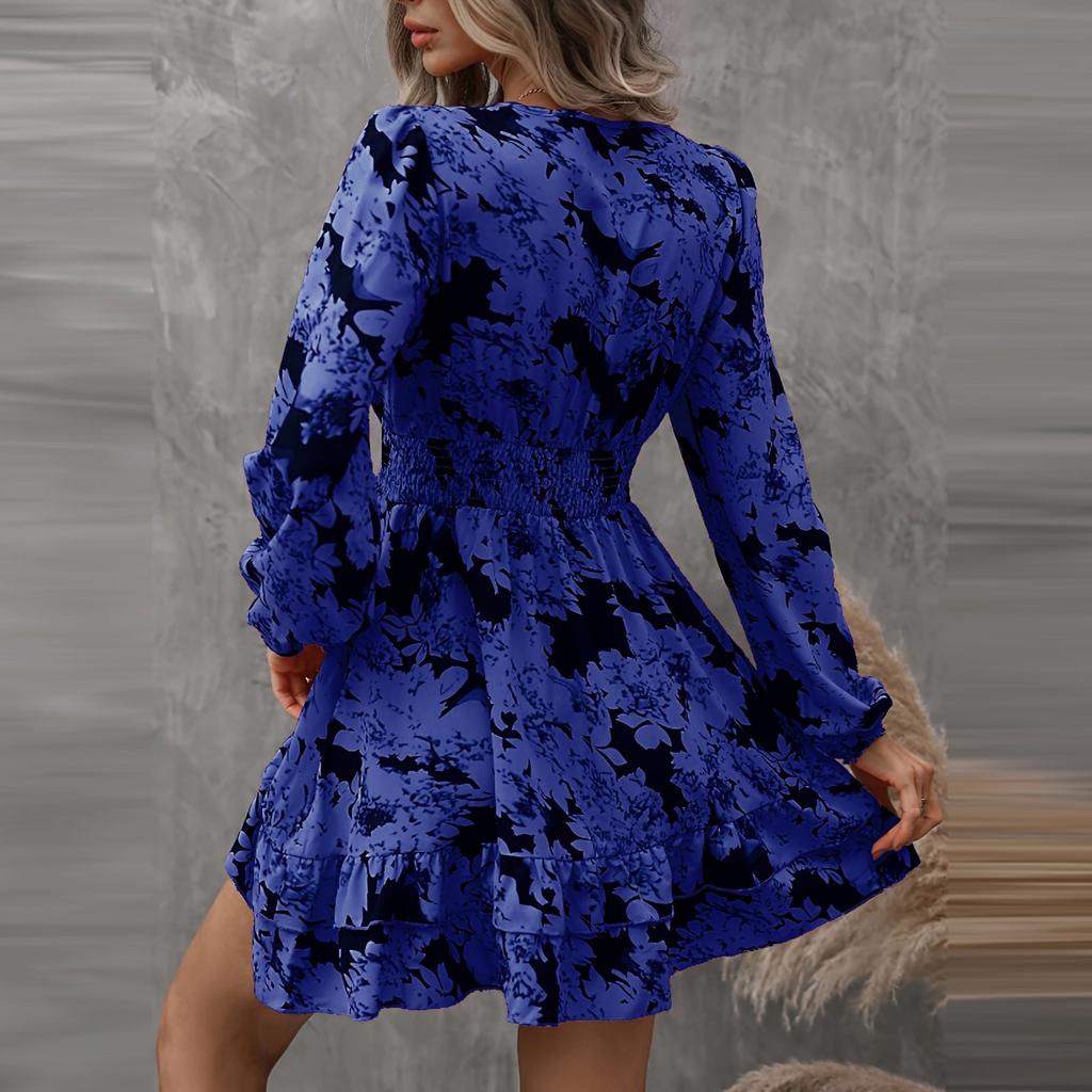 Women's Summer Casual Fashion V Neck Ruffle Waist Floral Print Midi Dress