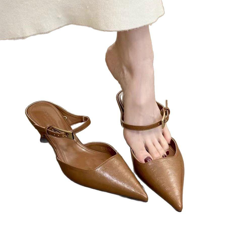 Pantofi de damă francezi negri cu toc mediu înalt, cu cap de sac, jumătate papuci, pantofi de purtat 2025, temperament nou, pantofi unici tip tavă socialită