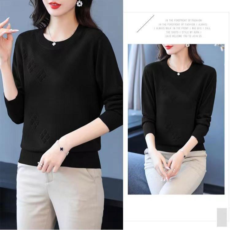 Fall Winter Women's Plus Size Sweater Long Sleeve Loose Crew Neck Knitwear Sweater Rhinestone Pullover Knit Top Stretch Jumper