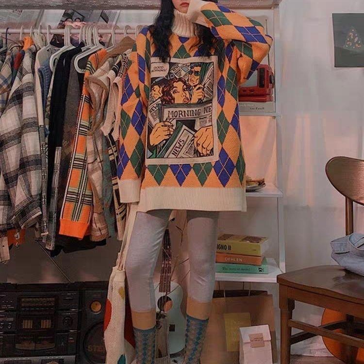 

Осень и зима Новый ретро утолщенный свитер Mori верхняя одежда женский стиль BF свободный средний и длинный высокий воротник 2XL