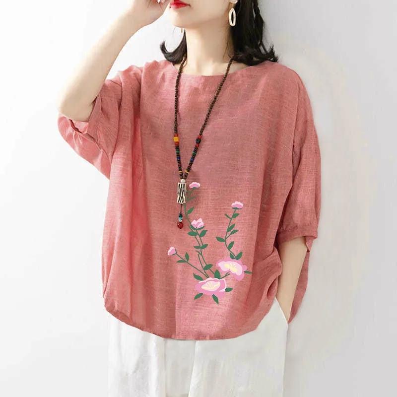 Women's Cotton Linen Short-sleeved Print T-shirt Female Summer Solid Color Loose Large Size Tops