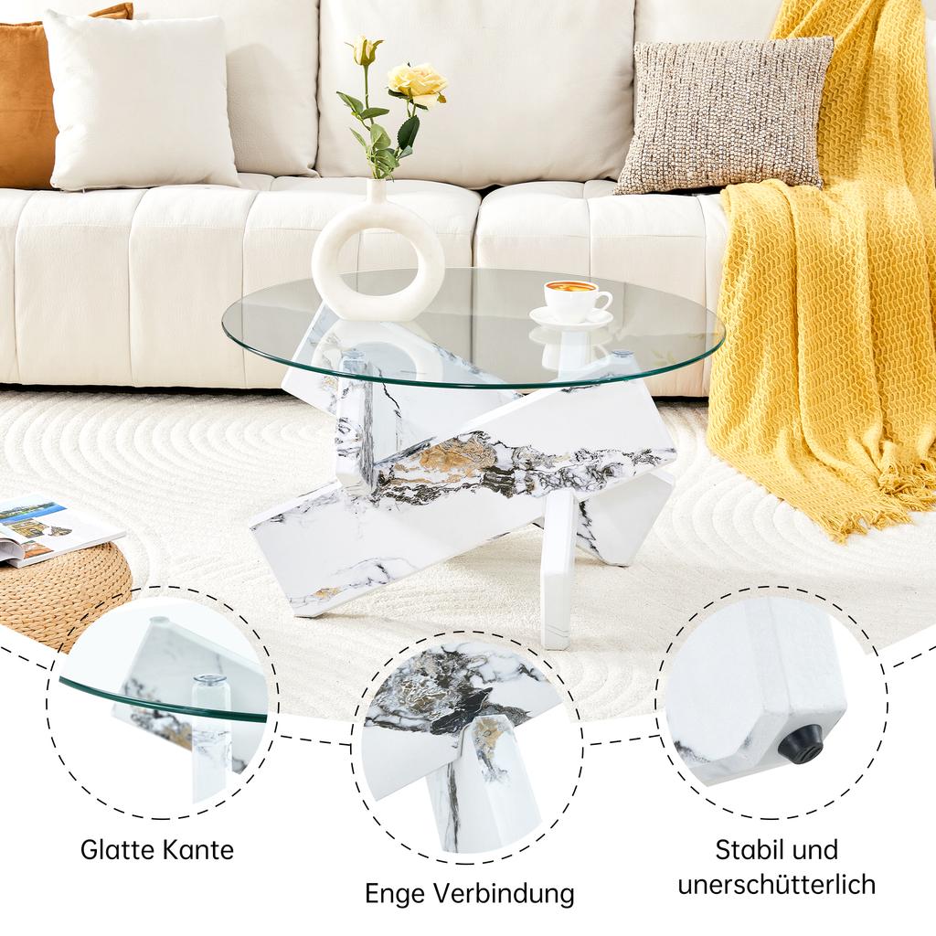 Multi-Color Optional MDF + Glass Round Coffee Table: White Imitation Marble Patterned Support Legs, 79cm Diameter, 0.8cm Thick Tempered Glass Surface.