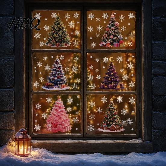Holiday Glass Decals for Windows 6Pcs Colorful Christmas Tree Snowflake Static Window Sticker, PVC Cling, Removable Decal Stickers Home Decoration,