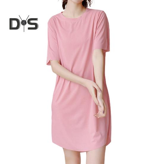 Lady Summer Dress Round Neck Loose Solid Color Short Sleeves Ice Silk Casual Clothes Homewear Pajamas Knee Length Nightdress