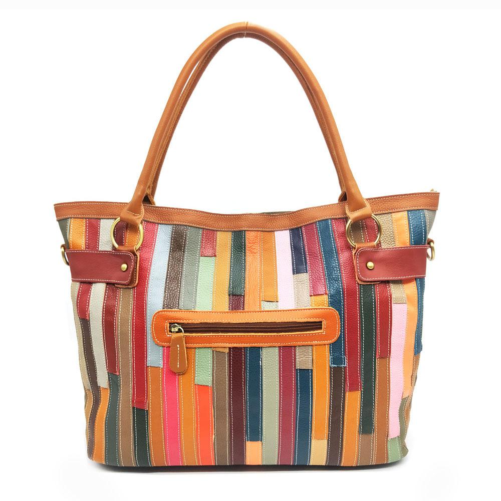 Ledertasche für Damen im ethnischen Stil, Rindsleder, farblich passende Spleißtasche mit geometrischem Muster, Schultertasche