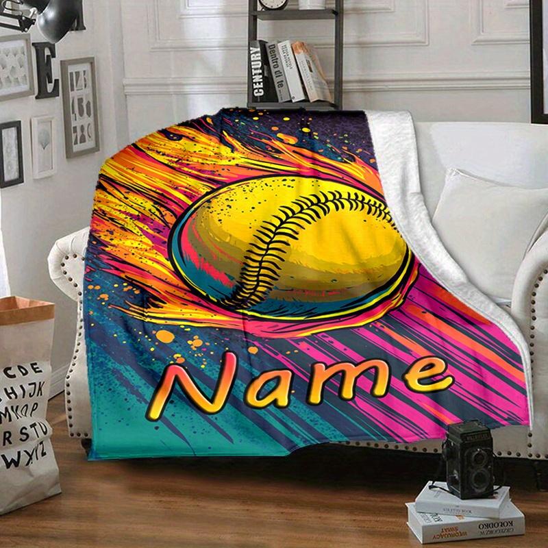 Custom Softball Blanket Personalized Name Text Fleece Throw All Season Soft Warm Bedding Sports Gift for Kids Adults