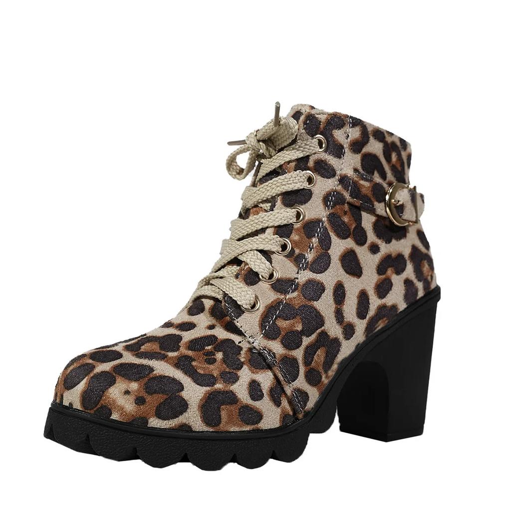 Leopard Print Women Boots  New Fashion Autumn Winter High Heel Women Ankle Boots Comfortable Thick Heel Ladies Modern Boots