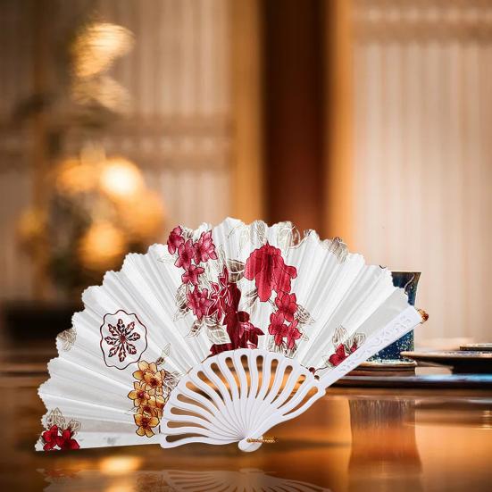 Plastic Folding Fan Chinese Style Retro Flower Plain Painting Soft Faux Silk Decorative Handheld Wedding Party Elegant Ladies Craft Cloth Fan Women