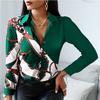 Spring Autumn Women Officewear Blouse Women Fashion Elegant Scarf Chain Print Button Design Shirt Long Sleeve Patchwork
