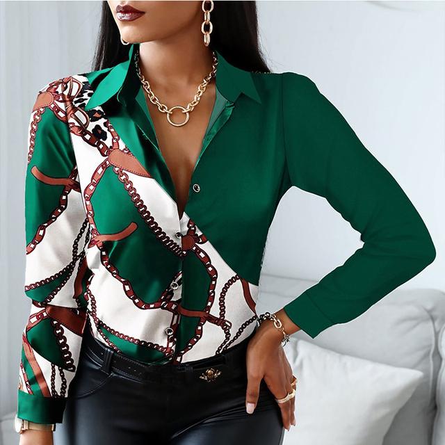 Spring Autumn Women Officewear Blouse Women Fashion Elegant Scarf Chain Print Button Design Shirt Long Sleeve Patchwork