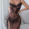 Women’s Long Lace Leopard Print Camisole Nightgown High Slit Spaghetti Strap Lingerie Sleep Dress