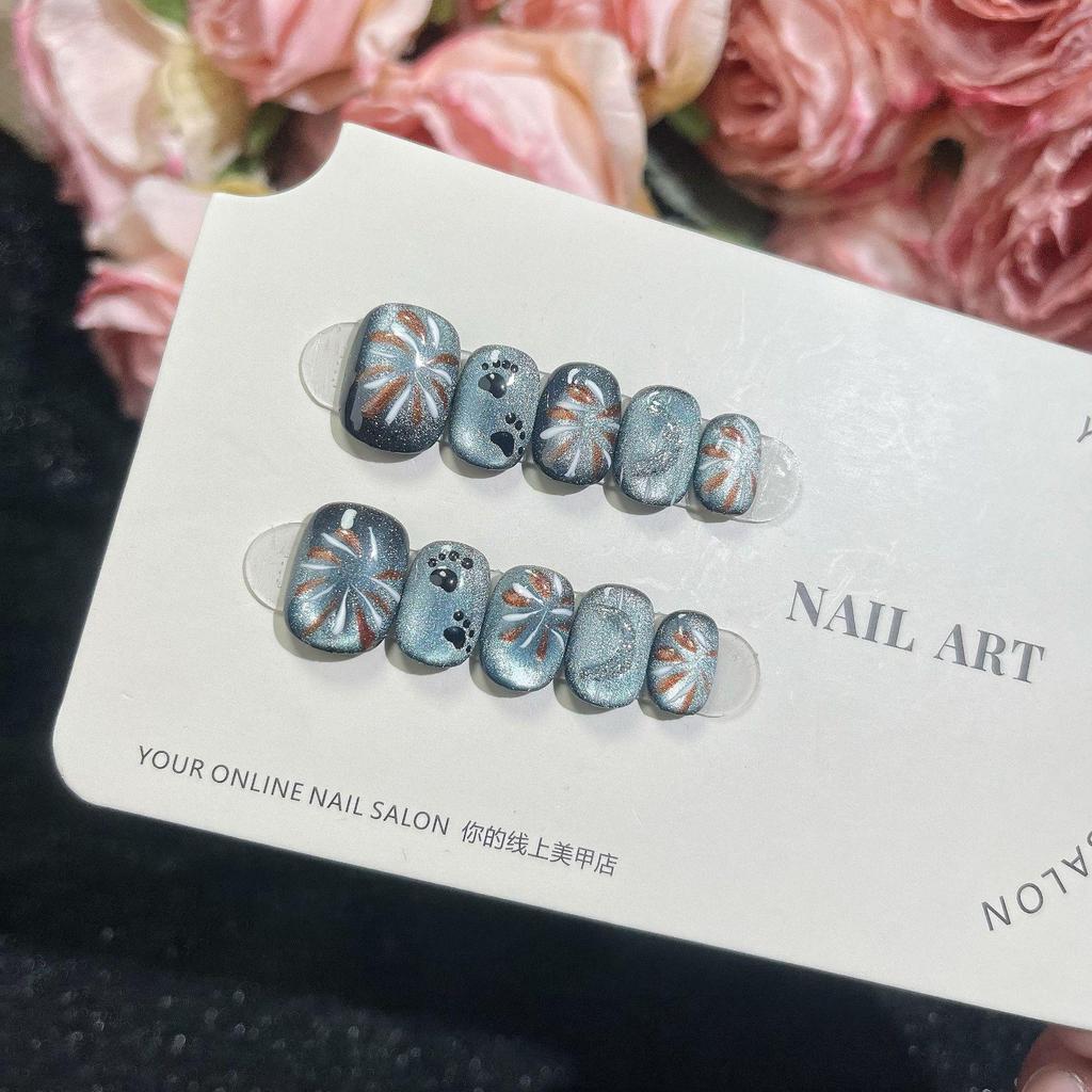 New Year Firework Cat Eye Handmade Press-On Nails - Luxury Hand-Painted Kitten Nail Art Patches