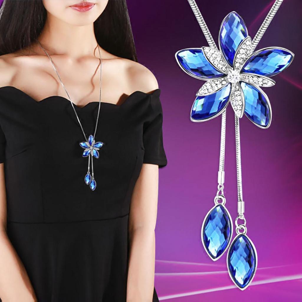 Elegant Windmill Flower Rhinestone Tassels Pendant Sweater Chain Women Necklace