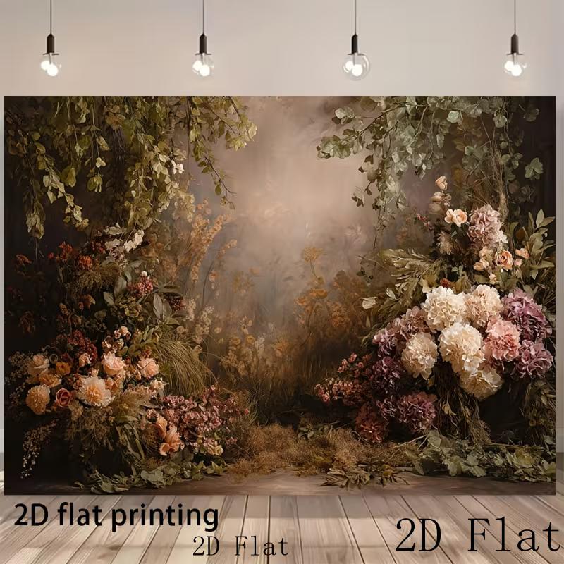 Dark Romantic Floral Garden Backdrop, Vintage Oil Painting Style Flower Arch Background Cloth for Wedding, Engagement, Creative Photography