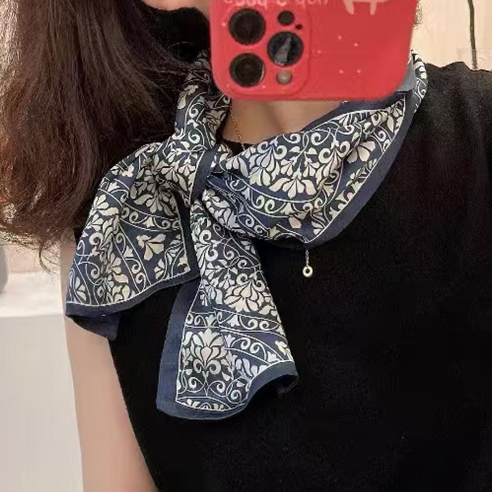 Bysifa|New Blue Yellow Long 100% Mulberry Silk Scarf Headband Spring Summer Fashion Floral Silk Ribbons Scarves Floulard Printed