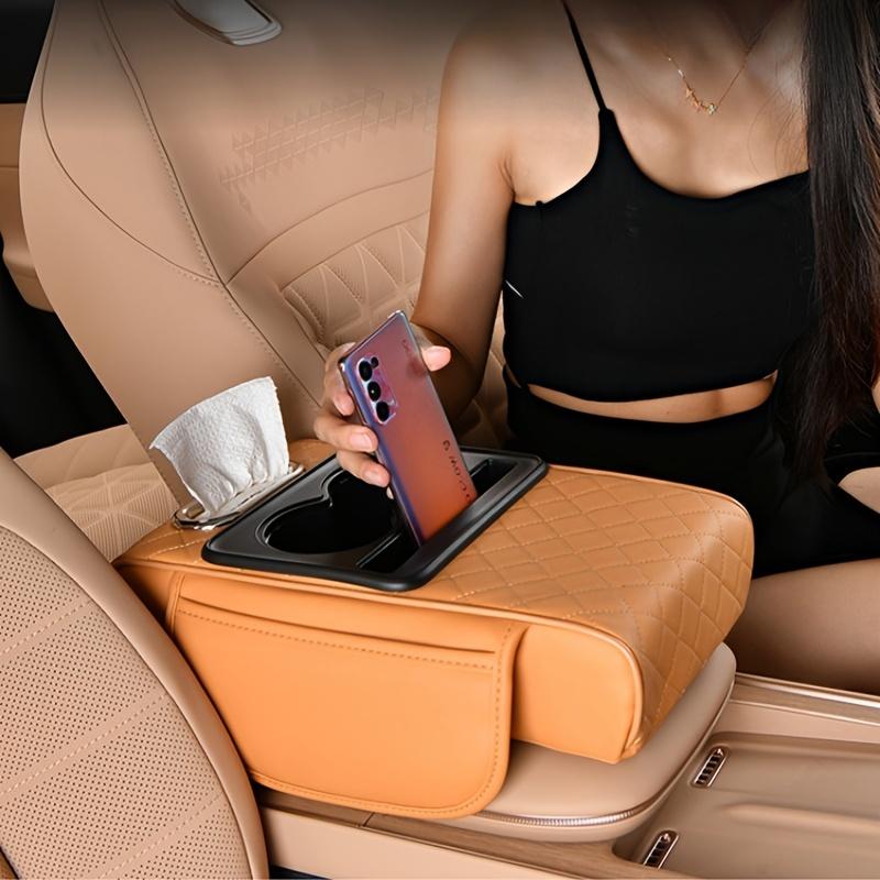 1 Stück Multifunktionale Auto-Armlehnenkissen mit Getränkehalter, Kunstleder-Aufbewahrungs-Erhöhungspad für Mittelkonsole, Fahrzeug-Taschentuchbox