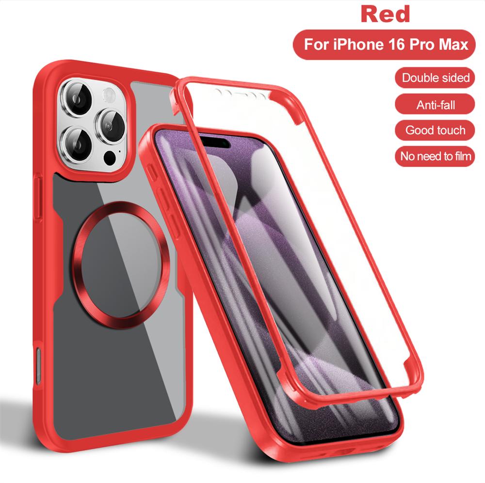 

2в1 для Magsafe 360° защитный чехол для iPhone 16 14 13 12 11 15 Pro Max Plus передний+задний силиконовый прозрачный магнитный полный чехол For iPhone 13 красный