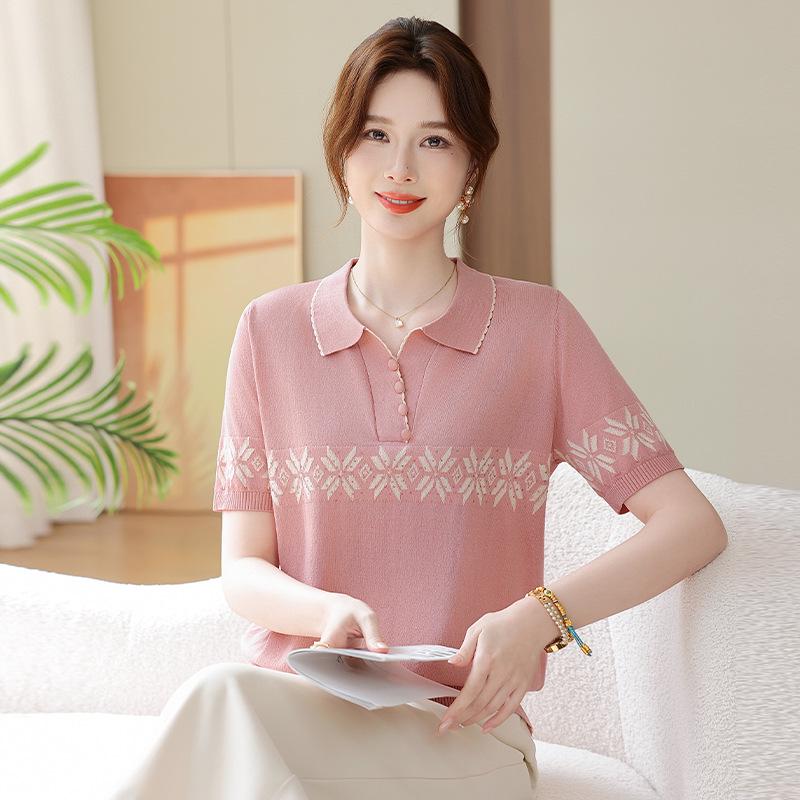 Mom's Stylish Ice Silk Lapel T-shirt - Summer Short-Sleeve, 50s/60s Retro Style for Middle-Aged Women (2026)